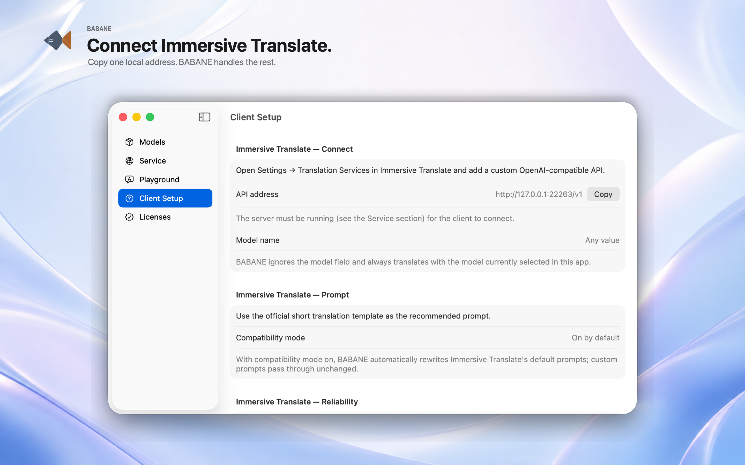 BABANE client setup window